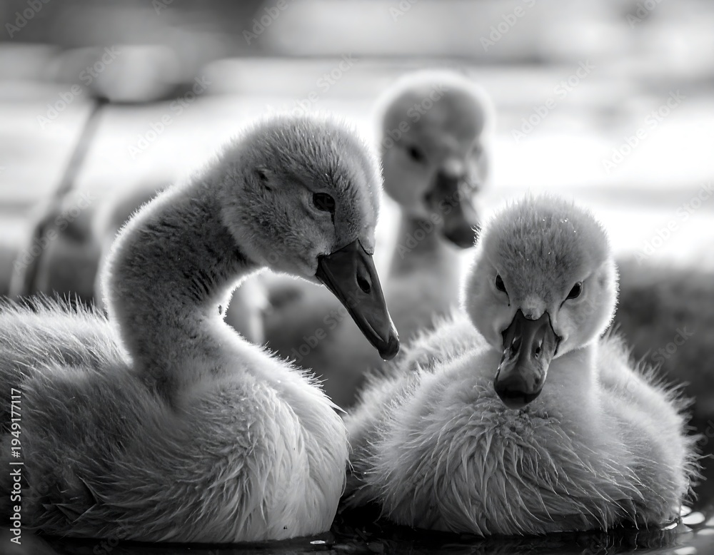 Fototapeta premium Three fluffy cygnets huddled together on water in grayscale, soft focus background