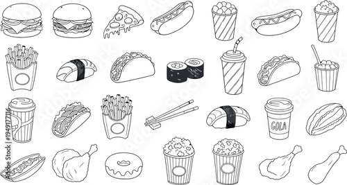 A collection of various sushi and seafood items isolated on transparent background