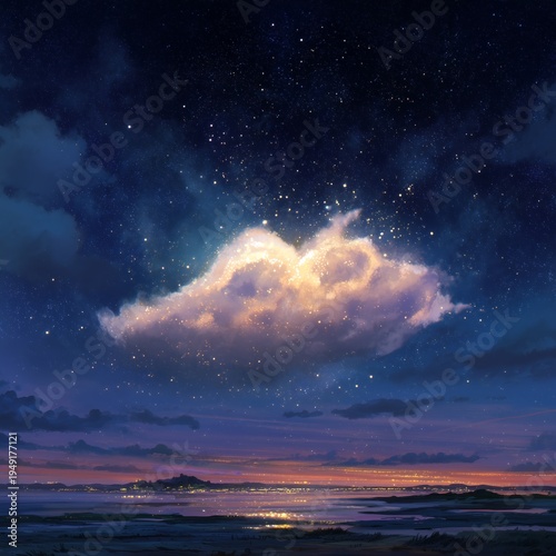 Stars Shine Over Water and Hills Under a Night Sky Filled With Clouds and Col...