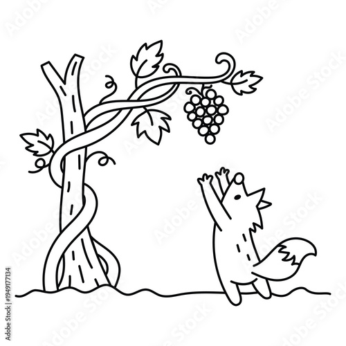 Aesop’s fable The Fox and the Grapes vector illustration. Fairy tale line art doodle, perfect for children’s stories and educational use. Cute and simple fairy tale illustration.