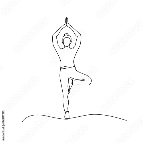 One continuous line drawing of a person practicing yoga tree pose, symbolizing balance and meditation