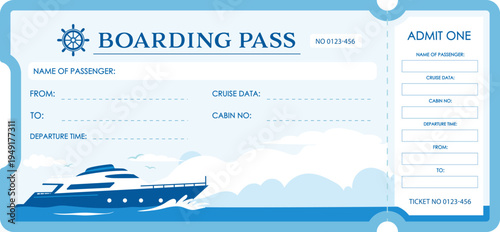 Cruise boarding pass ticket template with ship illustration and nautical design. Travel ticket with passenger details, cabin number and departure time.