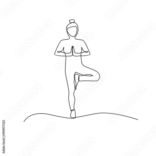 Continuous Line Art of a Woman in Yoga Tree Pose, Embodying Balance and Wellness