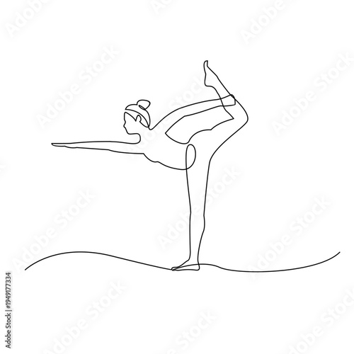 Minimalist continuous line art drawing of a woman in Dancer's Pose (Natarajasana) yoga.