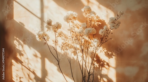 Light Shines Through a Window Onto Flowers Against a Wall During the Morning ...