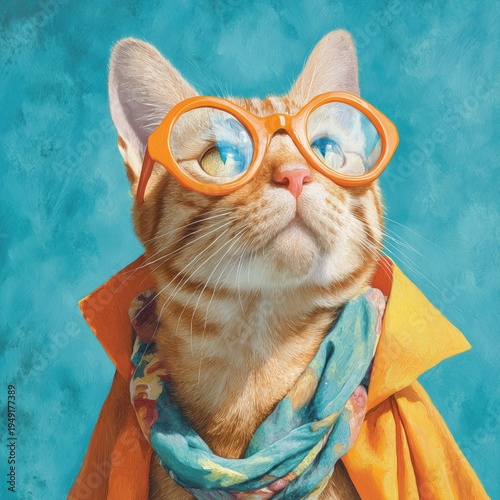 Cat Wears Glasses and Scarf Posing for a Close-Up Against a Blue Background i...