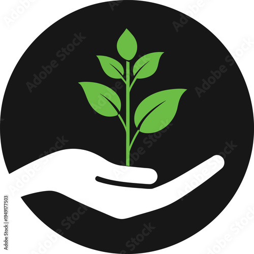 Green Plant Growing in Hand Silhouette Isolated on White Background