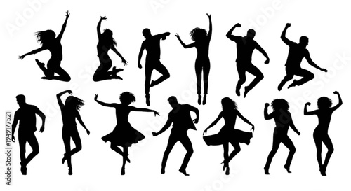 Diverse silhouettes of people in dynamic dance poses isolated on transparent background, Vector