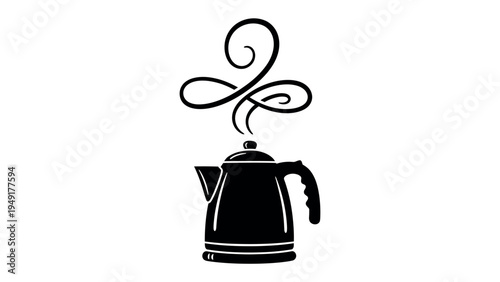 Kettle Silhouette with Steam: A stylized black and white illustration of a classic kettle emitting elegant, swirling steam, signifying warmth and a sense of inviting comfort.