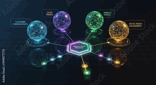 Abstract Network of Glowing Spheres Connected to Central Hexagon.
