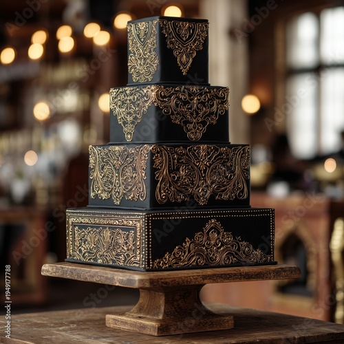 Elegant Black and Gold Cake Displayed on Wooden Stand in Stylish Restaurant S...