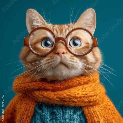 Cat Wears Glasses and Scarf Posing for a Close-Up Against a Blue Background i...