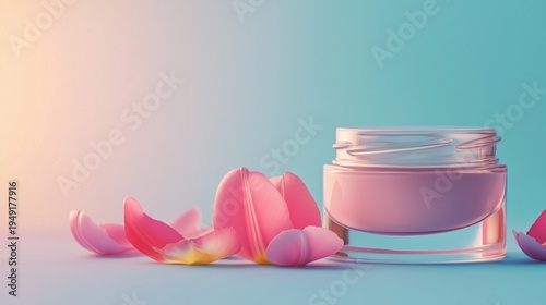 Pink Cream Container Surrounded by Flower Petals and a Tulip on a Soft Pink B...