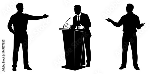 Versatile Collection of Silhouettes Depicting Men Engaged in Public Speaking, Presentation, and Communication, Ideal for Conference, Lecture, or Debate Graphics