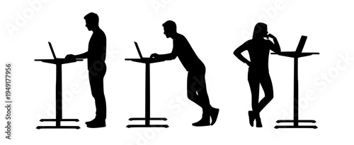 Silhouettes of people working at standing desks in various poses