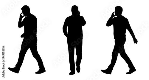Three silhouettes of men walking and talking on cell phones, isolated on white background