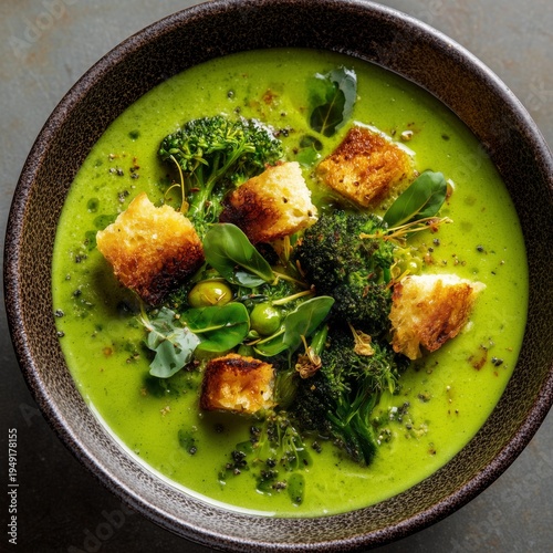 Fresh Green Soup With Croutons and Vegetables in a Dark Bowl