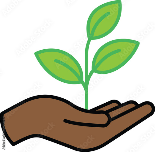 Hand holding plant sprout with green leaves conceptual symbol for growth and nature isolated on white background