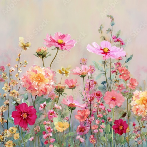 Colorful Flowers Grow in a Garden During Springtime Near a Sunny Field