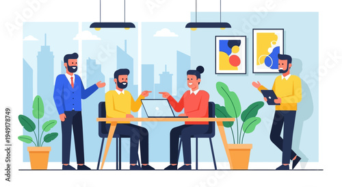 Colleagues collaborating in a modern office space with city view.