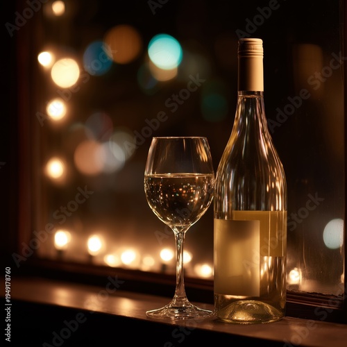 Enjoying a Glass of White Wine Beside an Elegant Bottle on a Table at Night