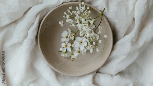 White Bowl and Flowers on a Light Fabric, Creating a Simple Setup in a Well-L...