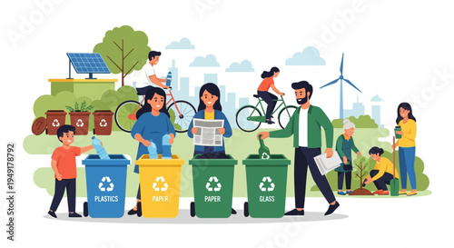 Diverse family actively participating in recycling and environmental care.
