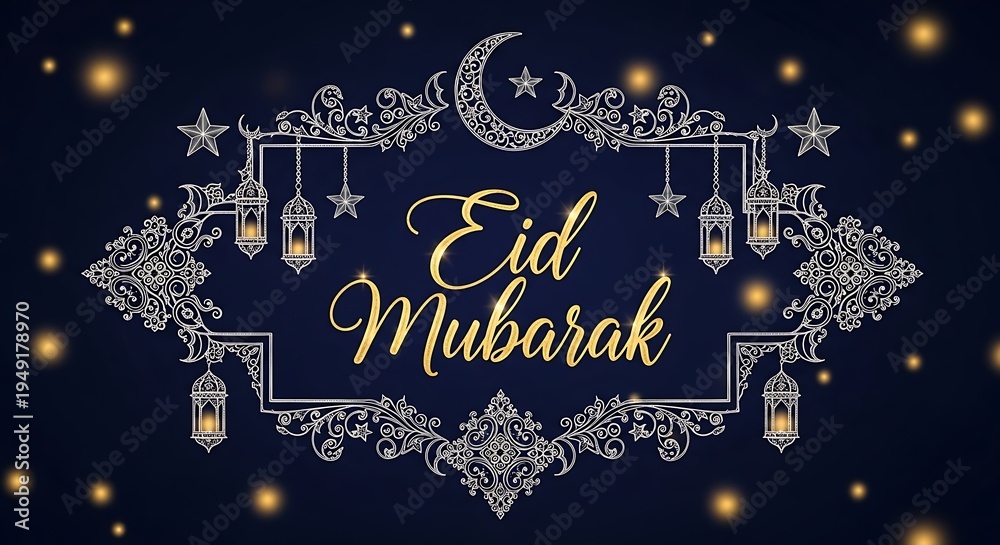 Naklejka premium Eid Mubarak greeting card with lanterns and crescent moon on dark background