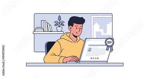 Young man studying online or working remotely with digital certificate