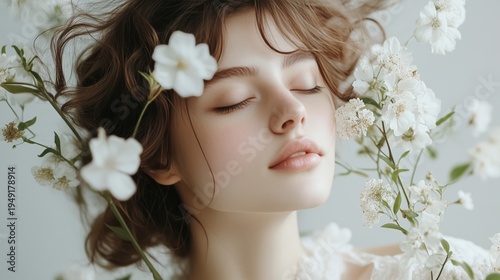 Young Woman Poses With White Flowers During a Photoshoot in a Studio