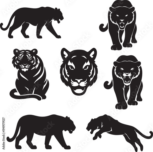 Black Panther Silhouette Set – Big Cat Walking Jumping Roaring Icons Vector Collection