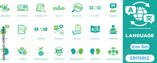Language editable  icon set.Symbol by dictionary, global, diversity, grammar, vocabulary, writing, non, translate, language, listening, speaking, and perfect solid icons collection.