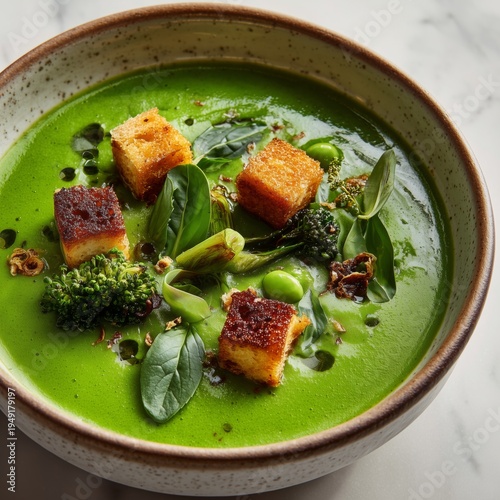 Chilled Green Soup With Croutons and Fresh Vegetables at a Restaurant Kitchen