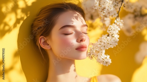 Young Woman Enjoys Spring Sunlight With Flowers Near Her Face in a Bright Yel...
