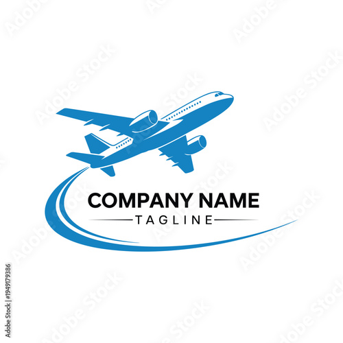 Blue airplane logo with swoosh and company name