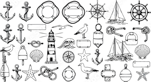 Nautical icons set isolated on transparent background