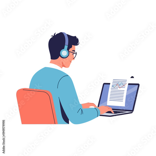 Man with headphones working on laptop, listening to audio, modern office illustration