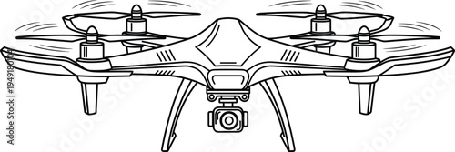 Black and white line drawing of quadcopter drone in flight with spinning rotors, mounted camera gimbal, landing gear, modern aerial technology for photography, surveillance, and delivery services