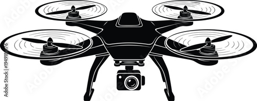 Black and white illustration of quadcopter drone with four rotors, aerodynamic body, mounted camera gimbal, modern aerial technology for photography, surveillance, and recreational flying