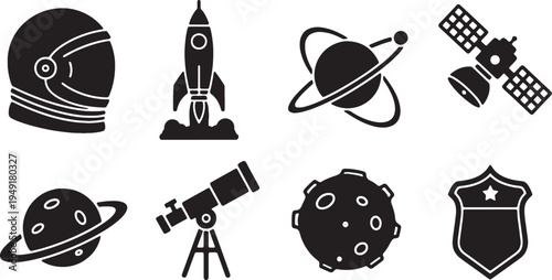 Icon set representing various elements of space exploration and astronomy