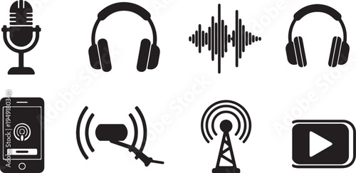 Collection of icons representing various audio and podcast-related equipment and actions