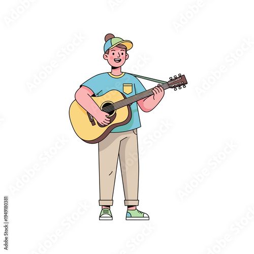 Young Man Playing Acoustic Guitar, Smiling, Casual Style, Isolated White Background