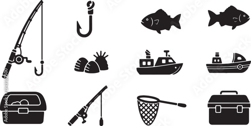 Essential icons for fishing and boating activities depicted in black and white