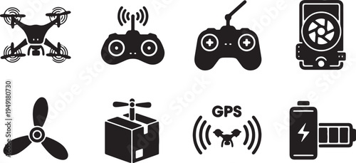 Icons representing various drone and remote control technologies and accessories