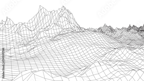 Futuristic Wireframe Terrain Landscape Vector – Abstract Low Poly Mountain Grid Mesh Surface, Digital Topographic Technology Background with Perspective Depth