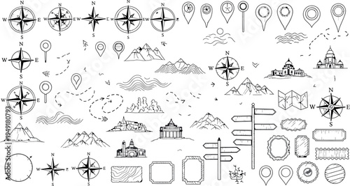 A collection of various navigation and direction icons isolated on transparent background