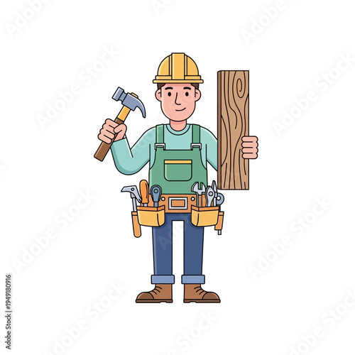 Carpenter holding hammer and wood plank, wearing tool belt and hard hat