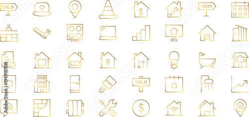 Golden Real Estate Icons: A collection of meticulously crafted, golden icons representing various facets of the real estate industry, from property listings to market trends.