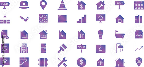 Real Estate Icon Array: A collection of various real estate icons in a unified design, perfect for projects related to property, housing, and the real estate industry.