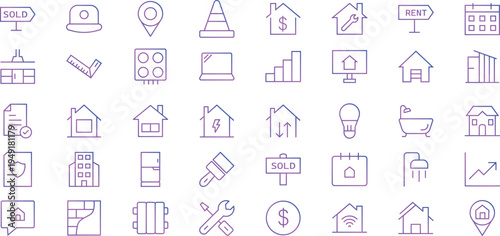 Real Estate Icons Set: A collection of various icons related to real estate, presented in a clean and organized manner, useful for various design purposes